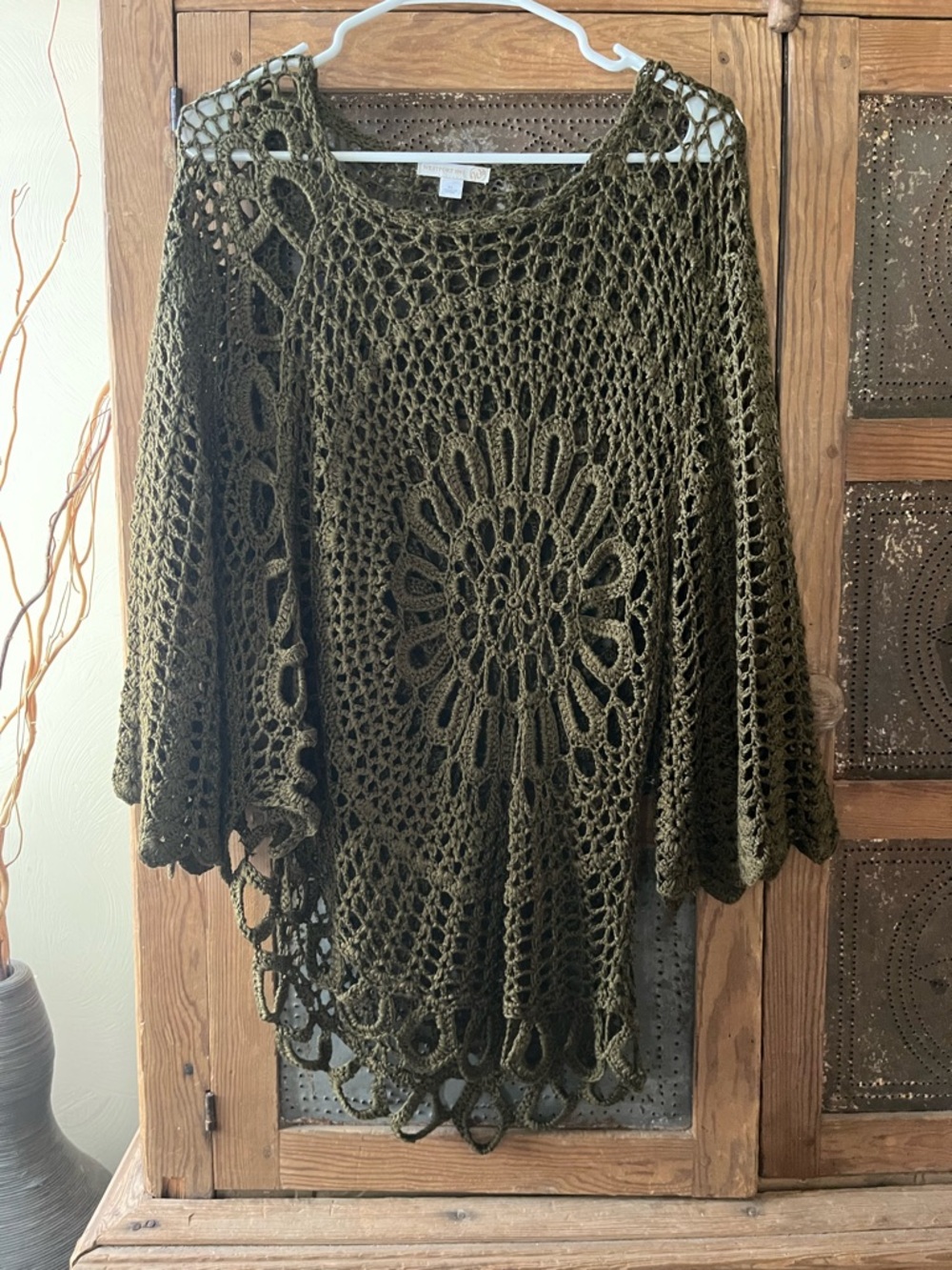 Westport Olive Crochet Open-Knit Poncho